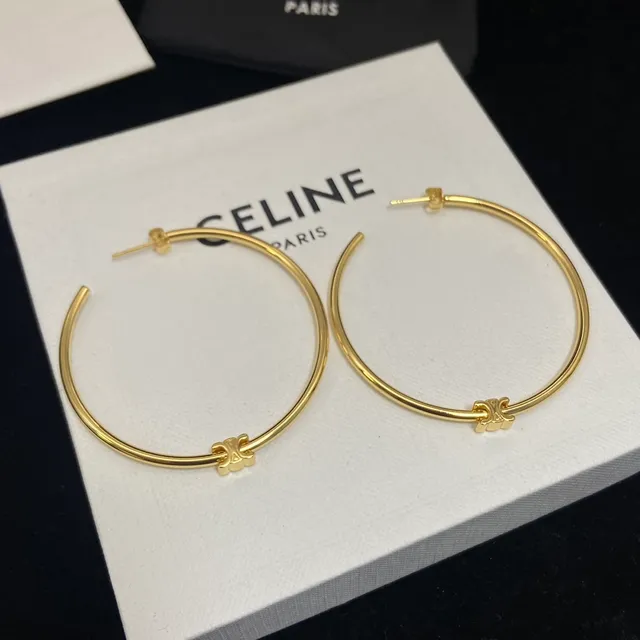 Celine Triomphe Silver Gold Large Thin Hoops Cross Motif Detail Earrings 3