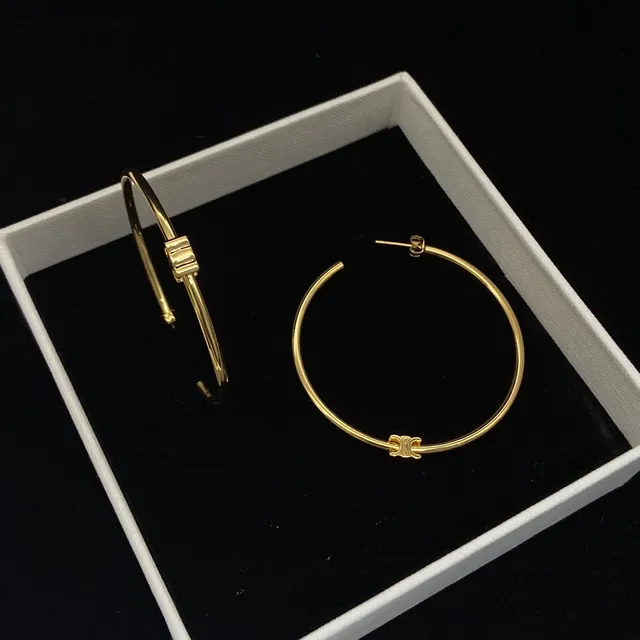 Celine Triomphe Silver Gold Large Thin Hoops Cross Motif Detail Earrings 4