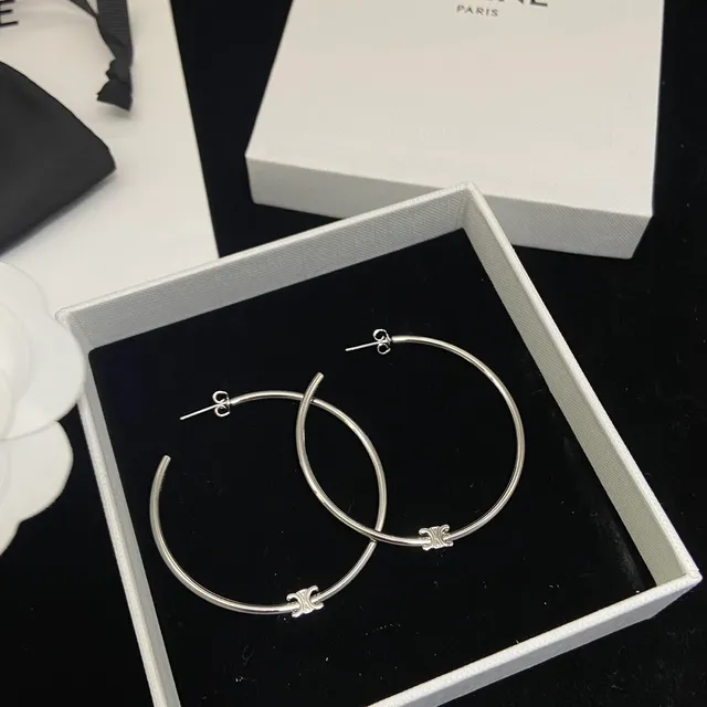 Celine Triomphe Silver Gold Large Thin Hoops Cross Motif Detail Earrings 5