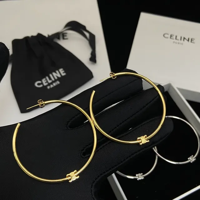 Celine Triomphe Silver Gold Large Thin Hoops Cross Motif Detail Earrings 6