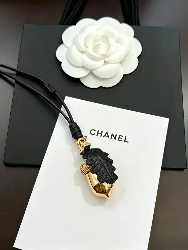 Chanel Acorn Charm Gold-Tone Black Leather Cord Necklace 5
