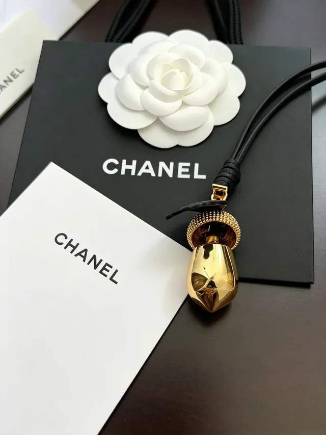 Chanel Acorn Charm Gold-Tone Black Leather Cord Necklace 6