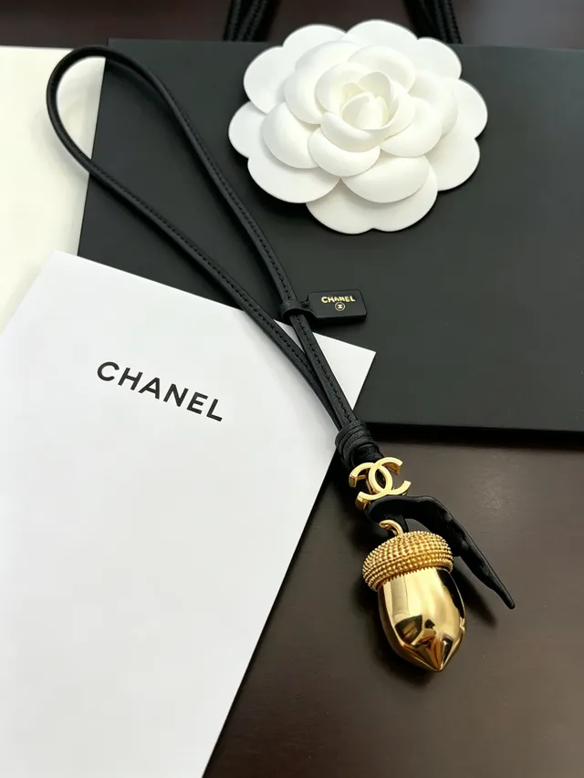 Chanel Acorn Charm Gold-Tone Black Leather Cord Necklace 7