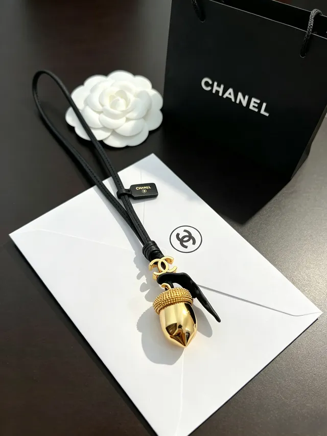 Chanel Acorn Charm Gold-Tone Black Leather Cord Necklace 8