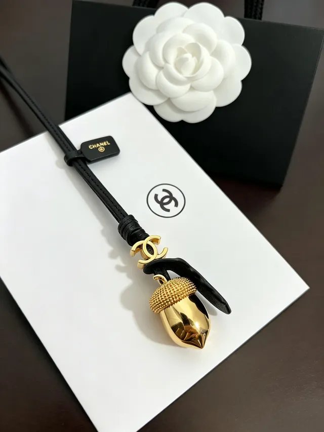 Chanel Acorn Charm Gold-Tone Black Leather Cord Necklace 9
