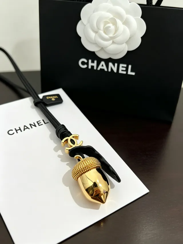 Chanel Acorn Charm Gold-Tone Black Leather Cord Necklace 10