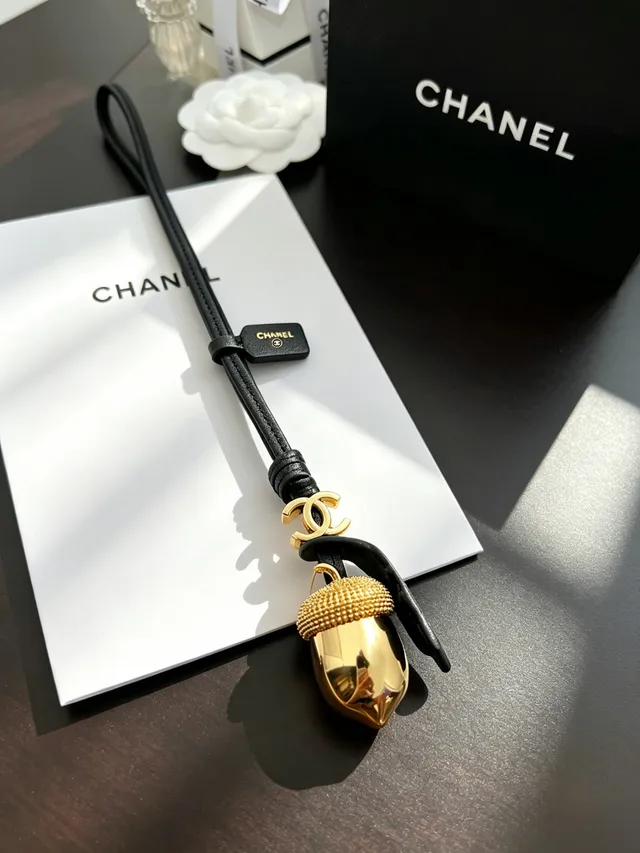 Chanel Acorn Charm Gold-Tone Black Leather Cord Necklace 11