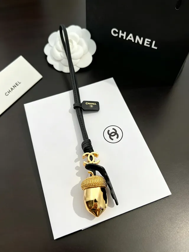 Chanel Acorn Charm Gold-Tone Black Leather Cord Necklace 12