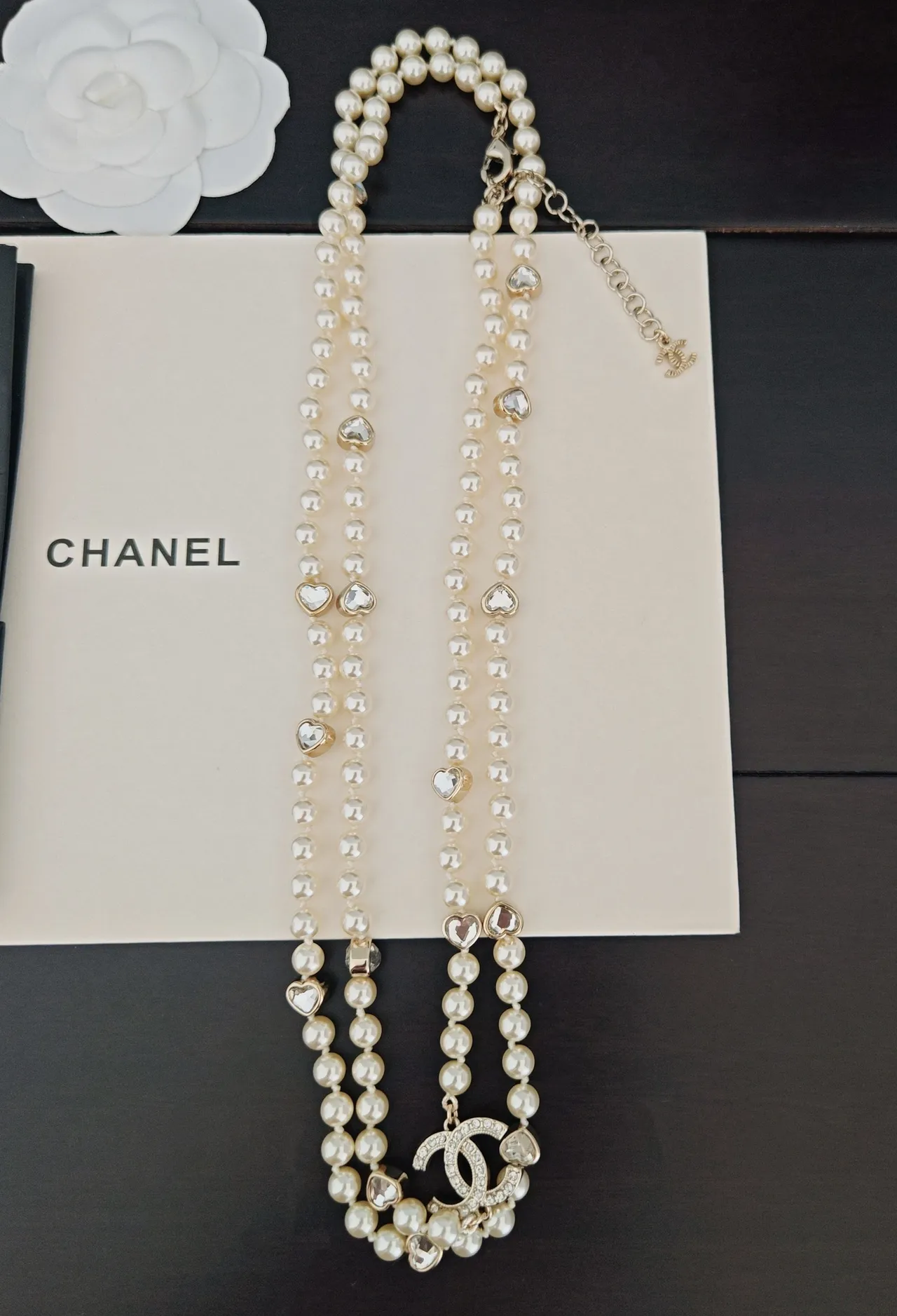 Chanel Beige Gold Pearl Strand CC Logo Pendant Necklace 4