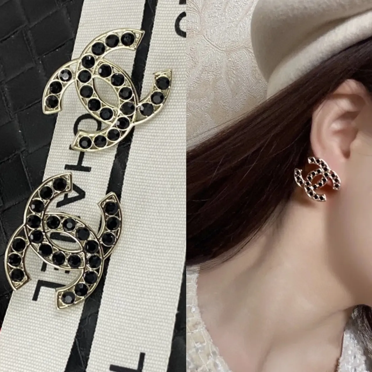 Chanel Bijoux Fantaisie Interlocking CC काला क्रिस्टल कान की चूड़ियां 9