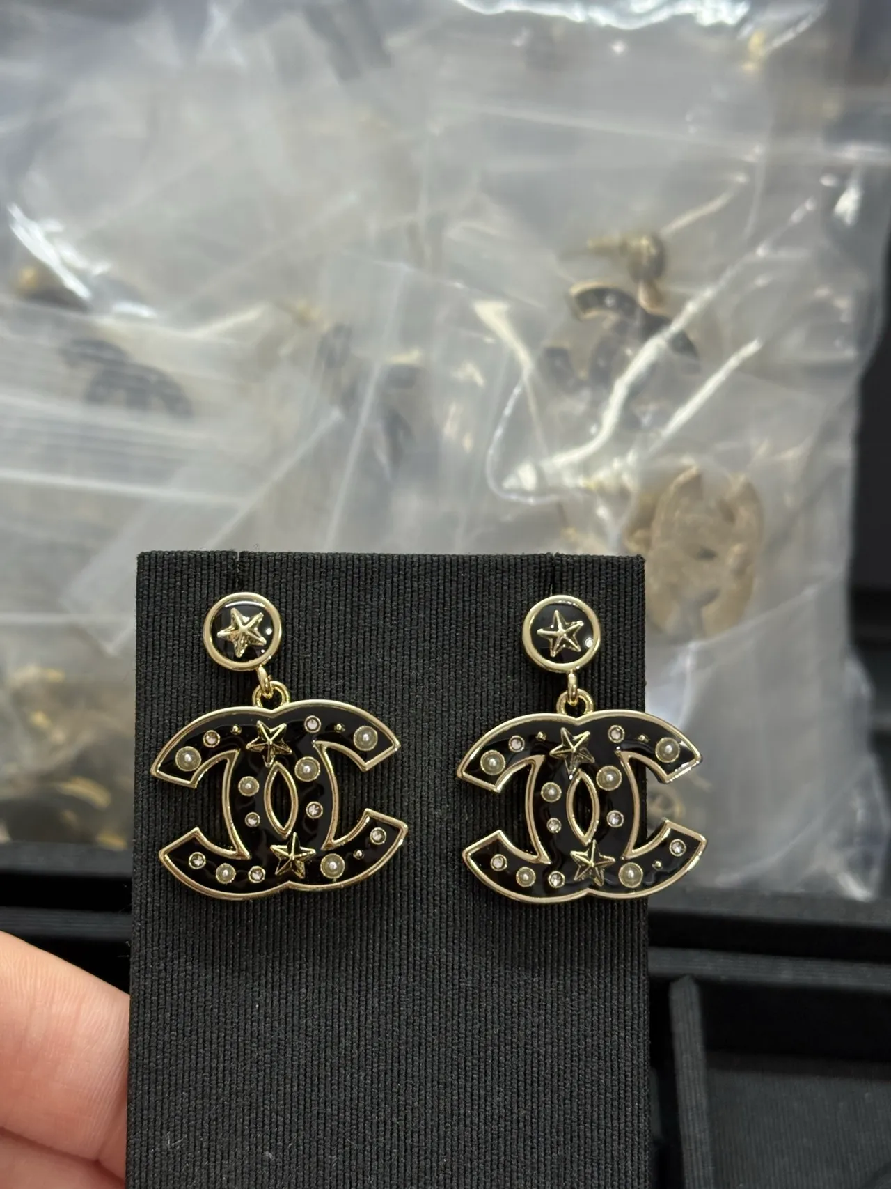 Chanel Black Gold Interlocking CC Logo Enamel Earrings 6