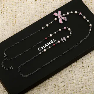 Chanel काला गुलाबी मोती-बंधित चेन इनेमेल बाउ पेंडेंट नेकलेस