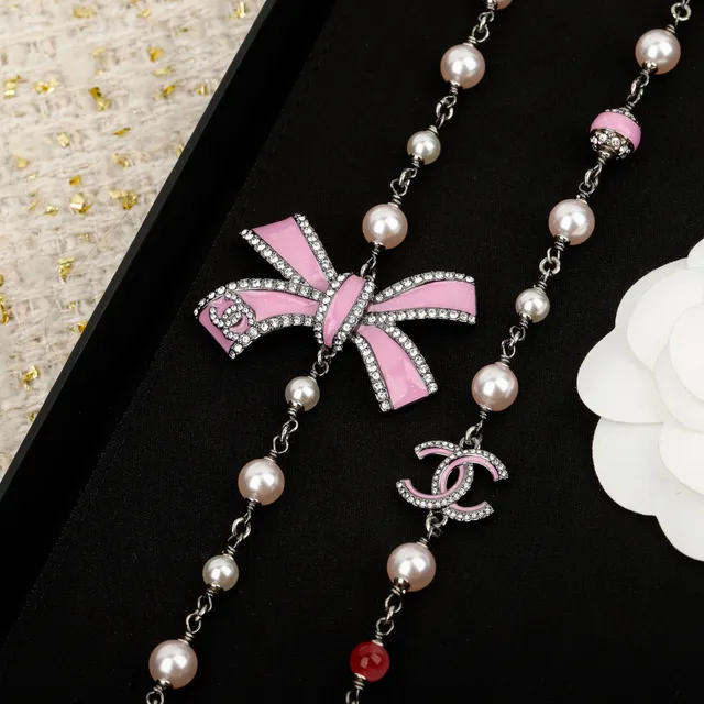 Chanel Black Pink Pearl-Strung Chain Enamel Bow Pendant Necklace 5