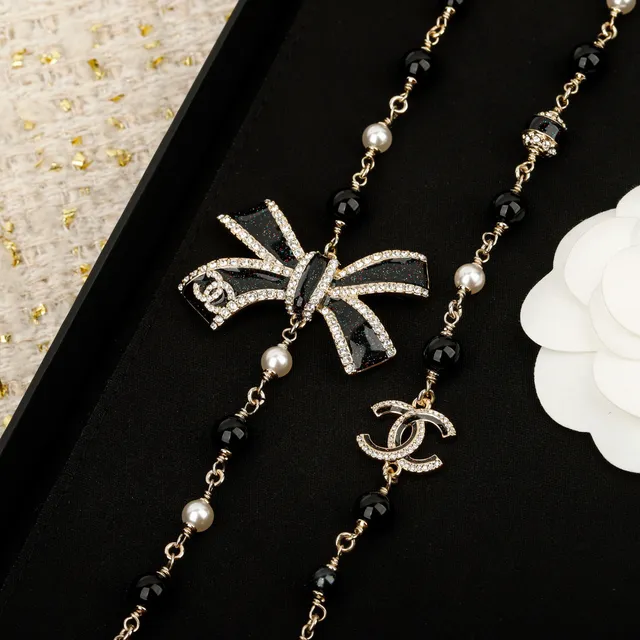 Chanel Black Pink Pearl-Strung Chain Enamel Bow Pendant Necklace 6