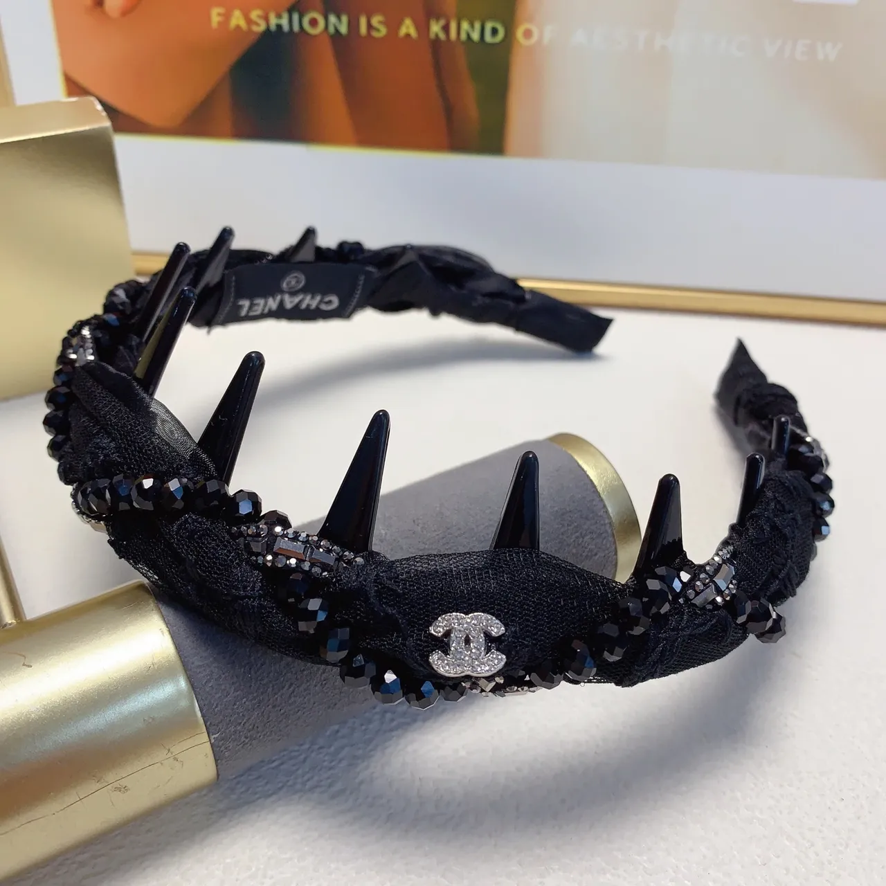 Chanel Black White Crystal-Embellished Lace-Trimmed Jewelry 7