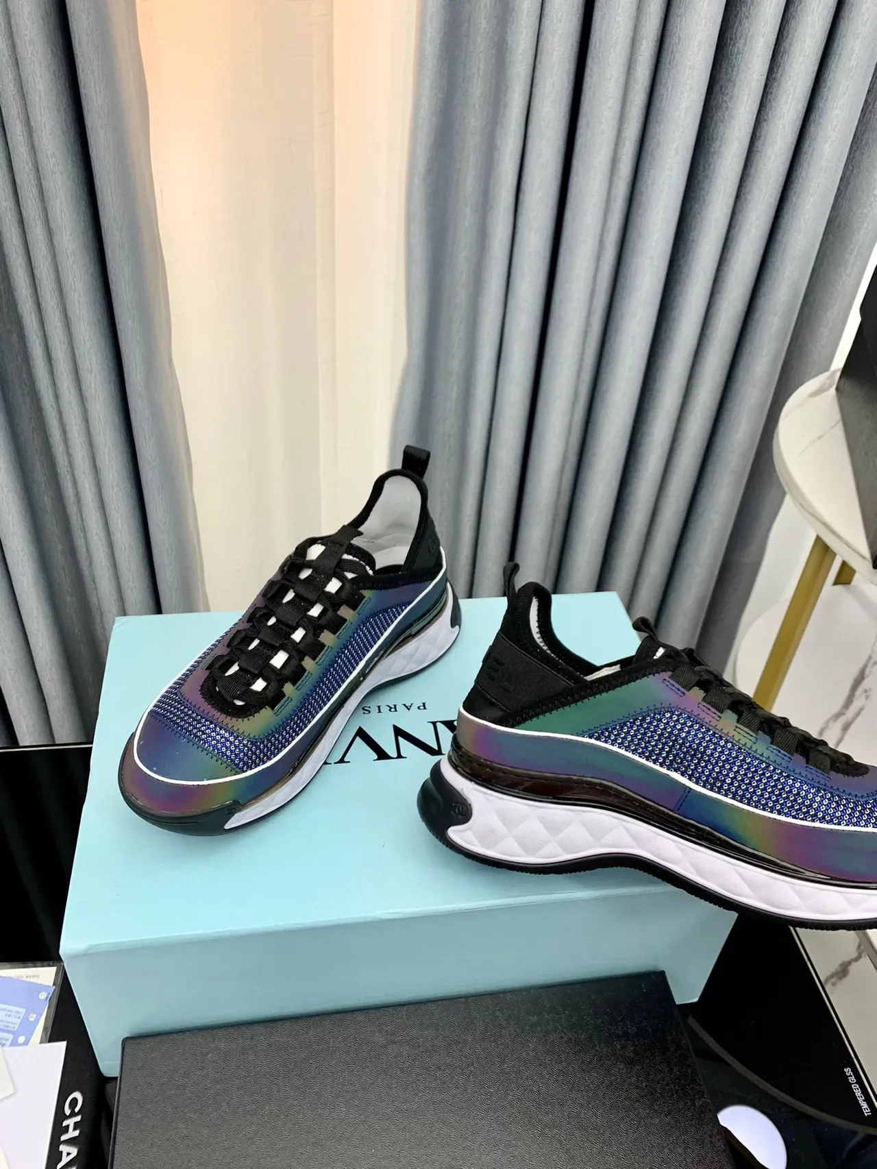 Chanel Blue Black Iridescent Knit Upper Elastic Heel Tab Sneakers 2