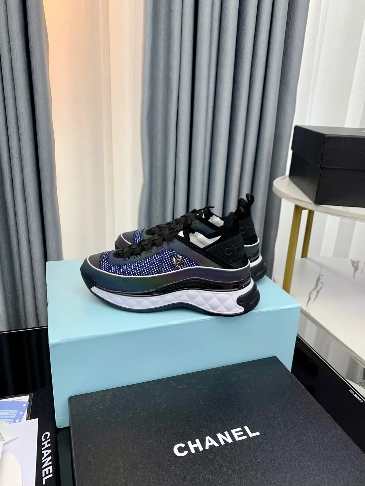 Chanel Blue Black Iridescent Knit Upper Elastic Heel Tab Sneakers 3
