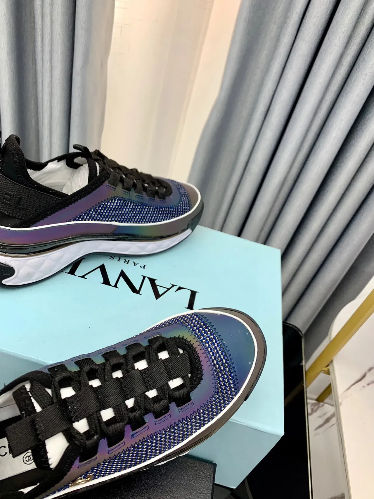 Chanel Blue Black Iridescent Knit Upper Elastic Heel Tab Sneakers 4