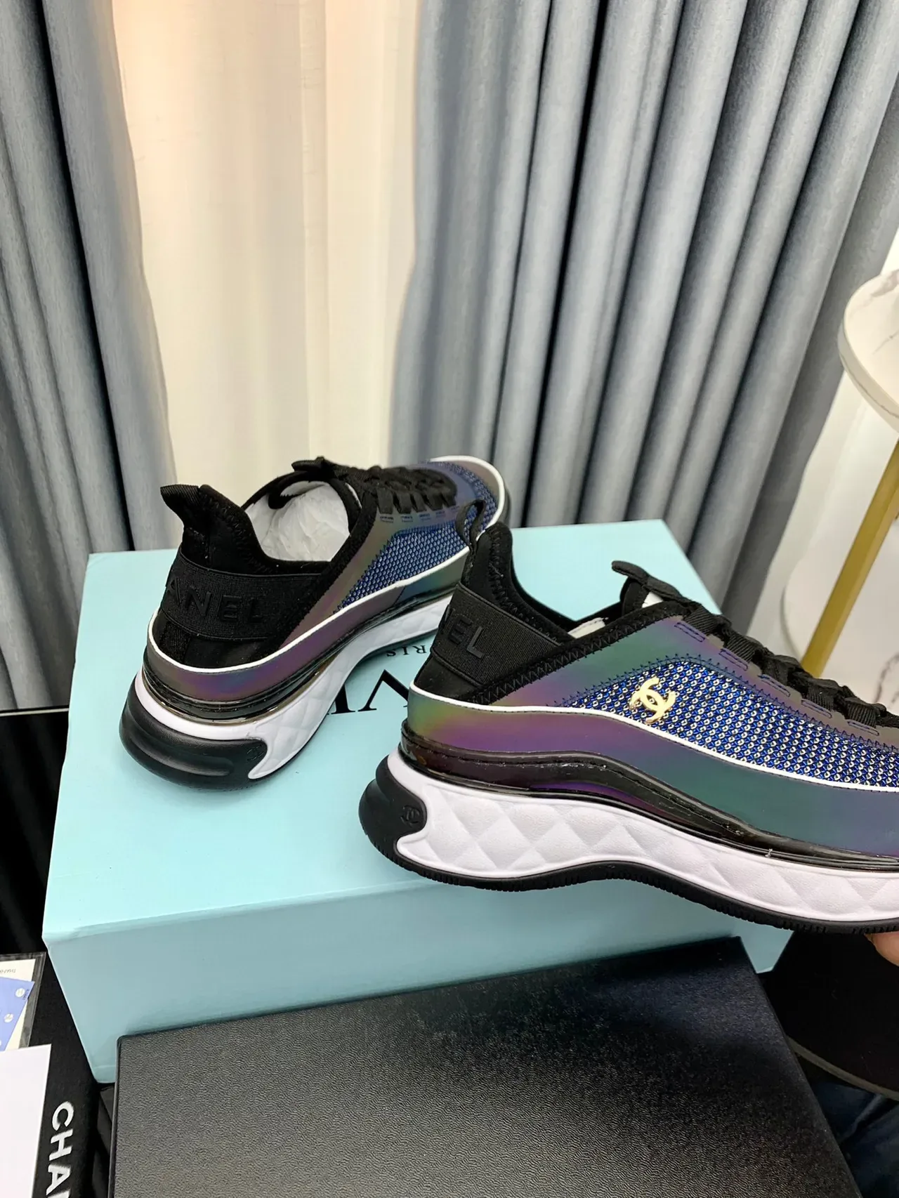 Chanel Blue Black Iridescent Knit Upper Elastic Heel Tab Sneakers 5
