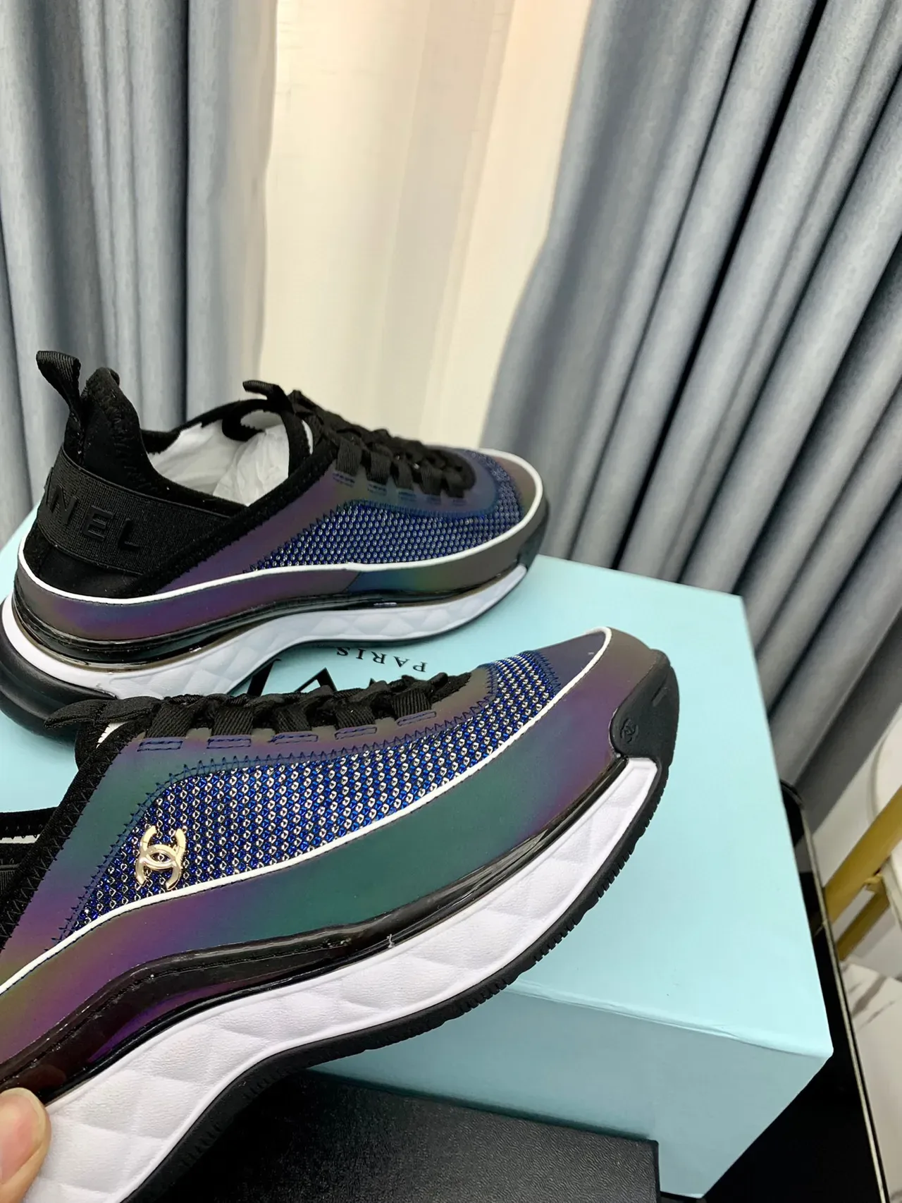 Chanel Blue Black Iridescent Knit Upper Elastic Heel Tab Sneakers 6
