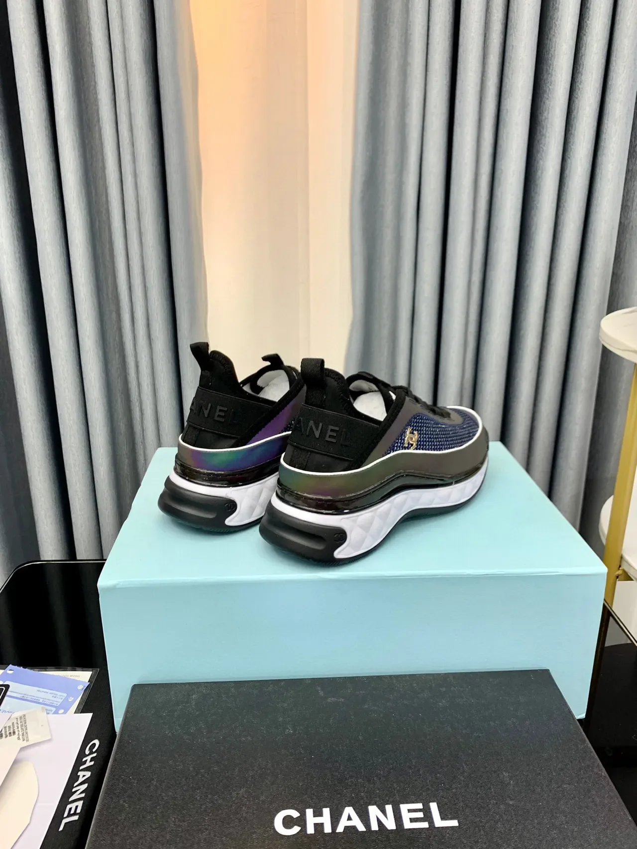 Chanel Blue Black Iridescent Knit Upper Elastic Heel Tab Sneakers 7