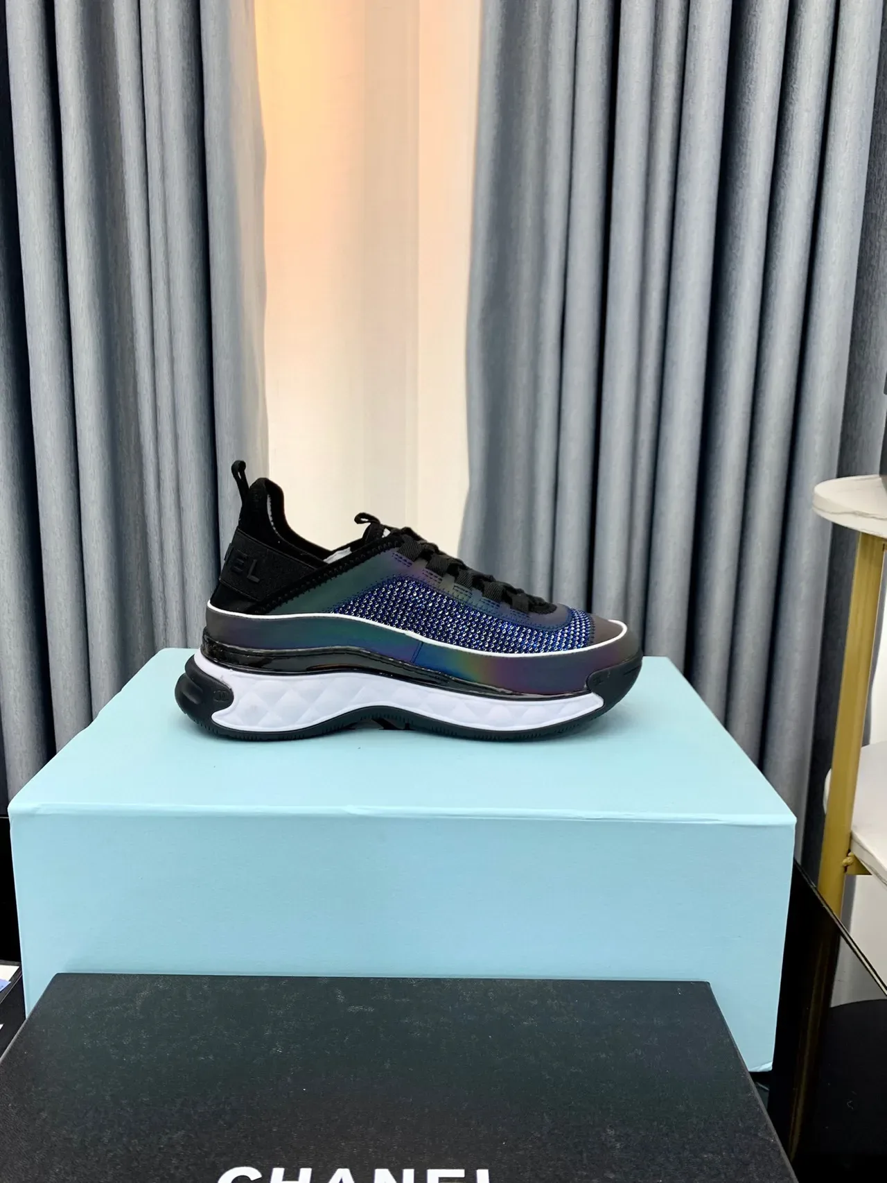 Chanel Blue Black Iridescent Knit Upper Elastic Heel Tab Sneakers 8