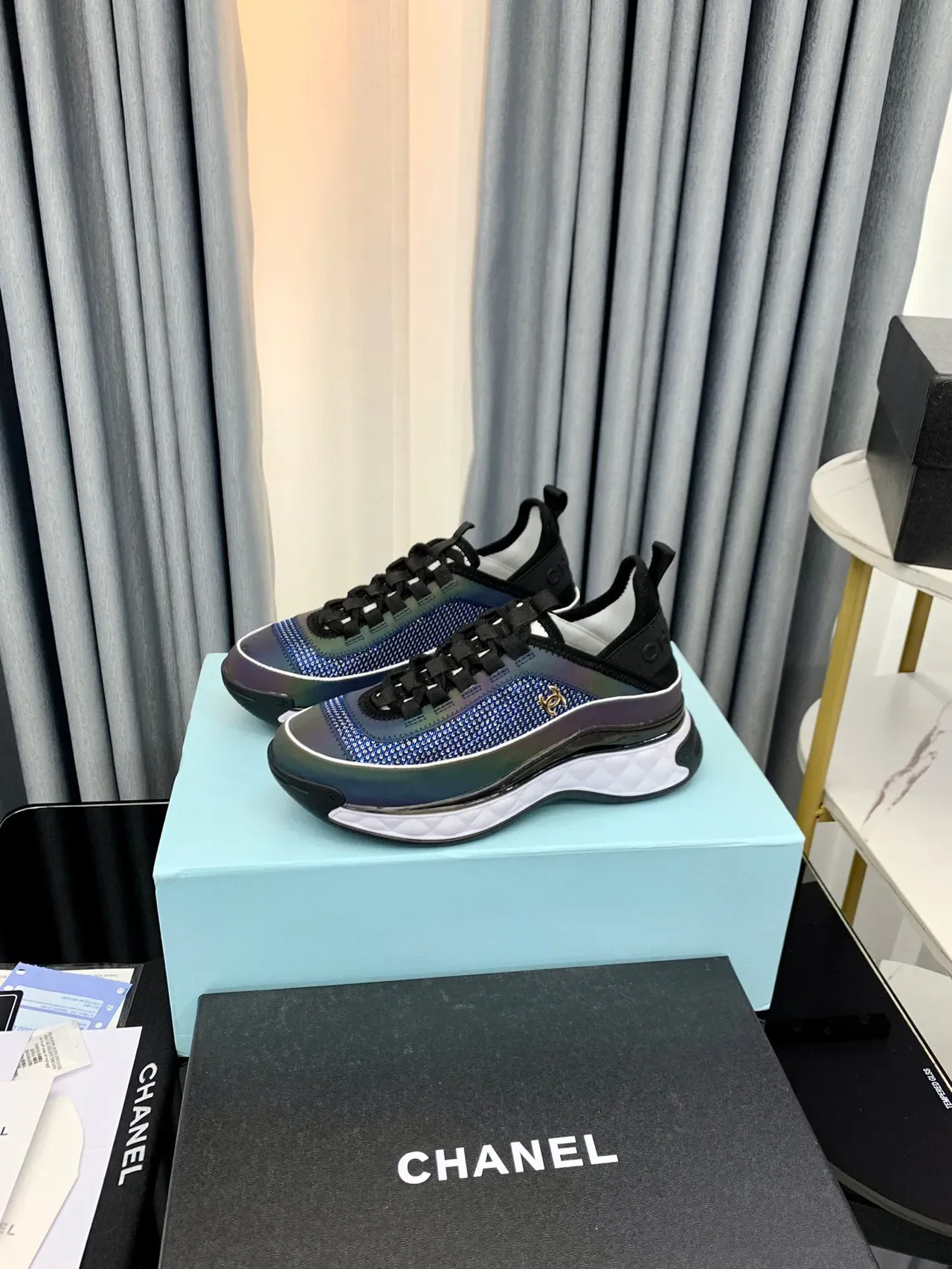 Chanel Blue Black Iridescent Knit Upper Elastic Heel Tab Sneakers 9