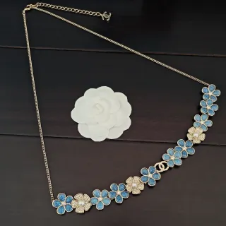 Chanel Blue Gold Floral Bib Enamel And Crystal Embellished Necklace