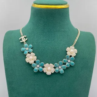 Chanel Blue White Floral Bib Enamel And Crystal Embellished Necklace