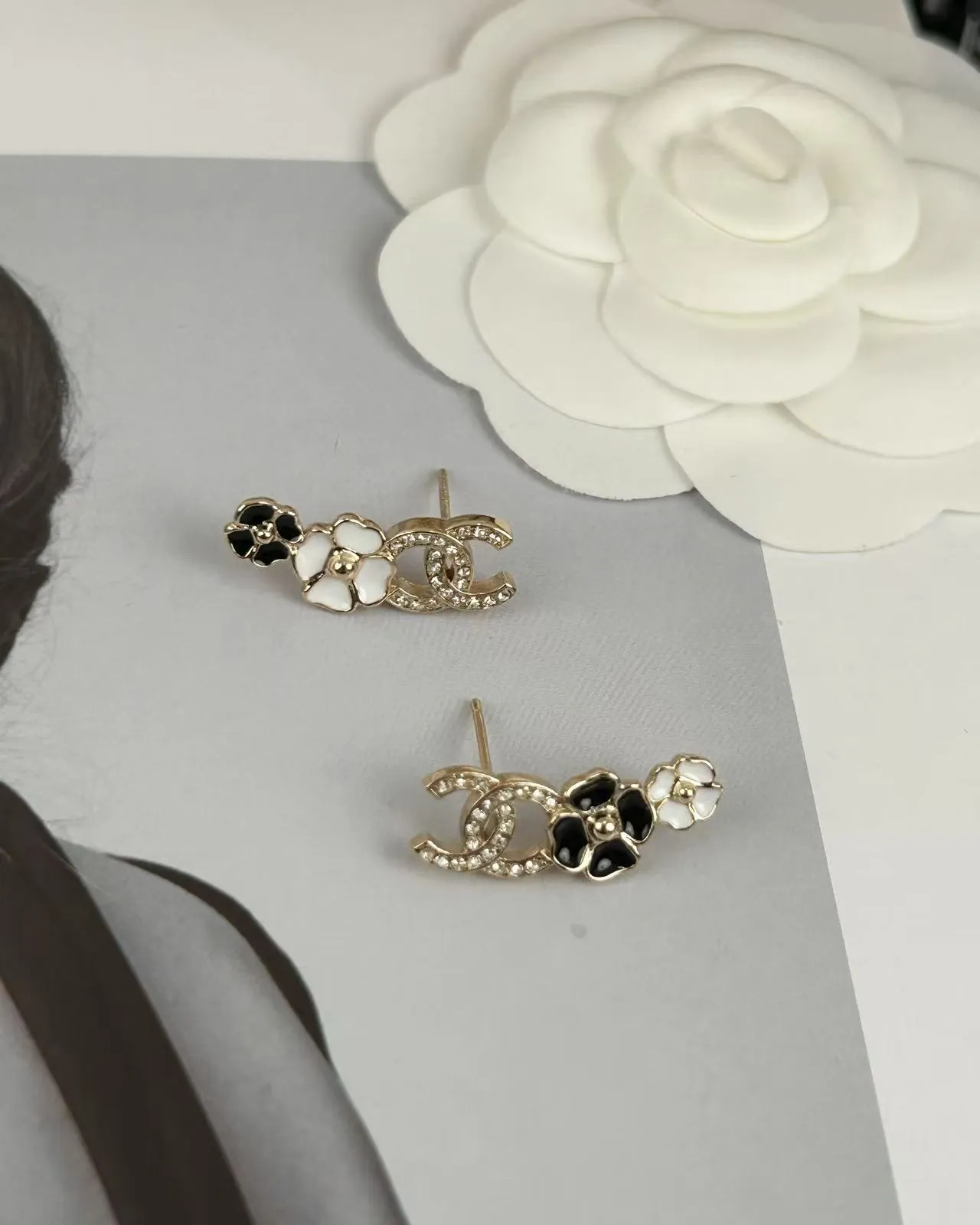 Chanel Camellia CC Gold-Tone Enamel Stud Earrings 5