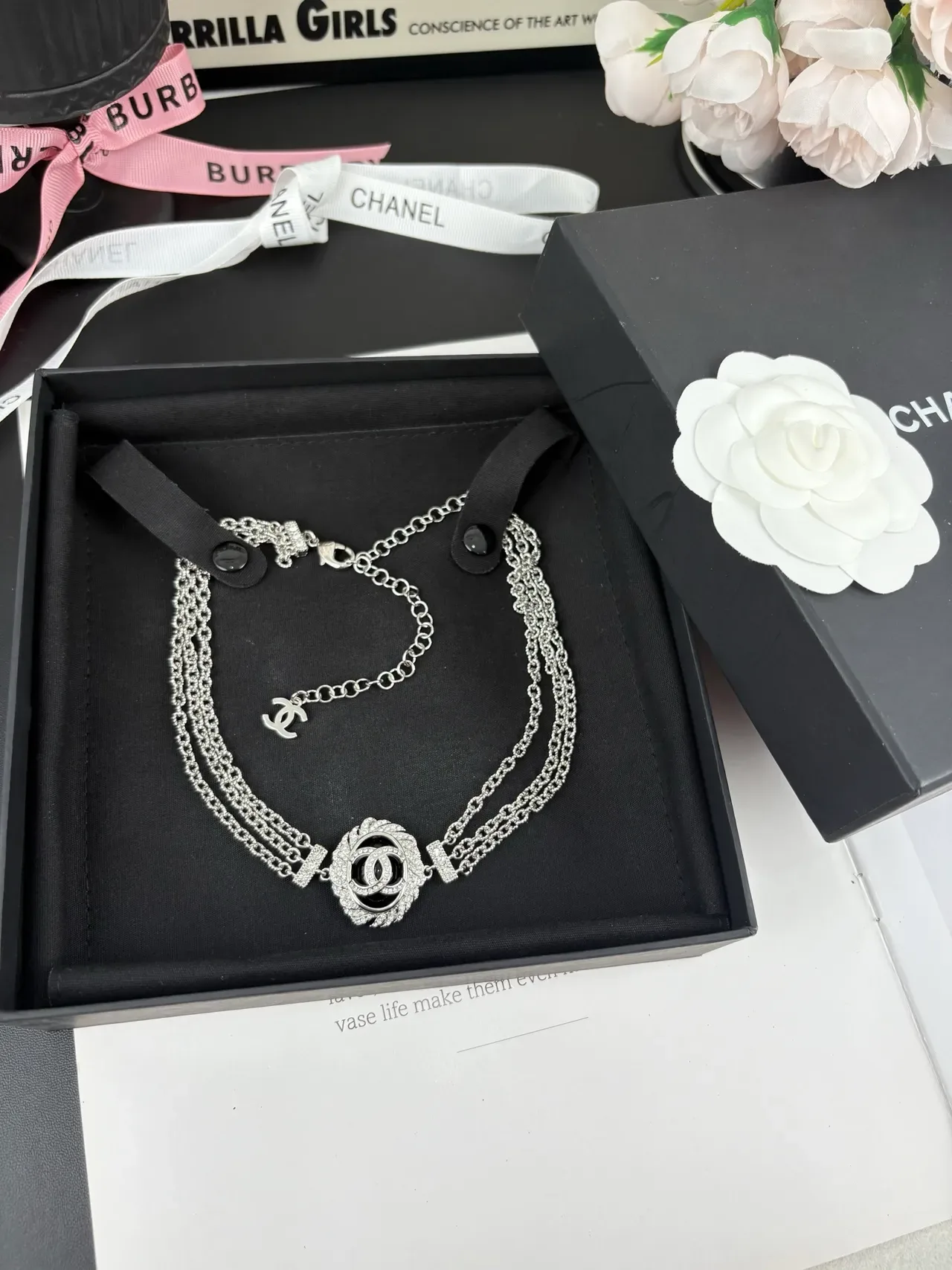 Chanel Camellia Choker Silver-Tone White and Black Necklace 4