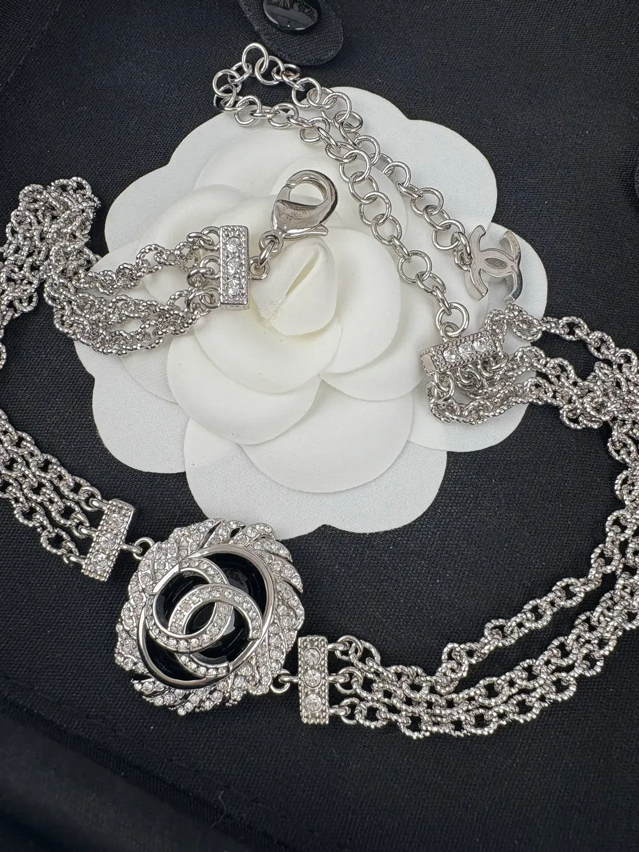 Chanel Camellia Choker Silver-Tone White and Black Necklace 5