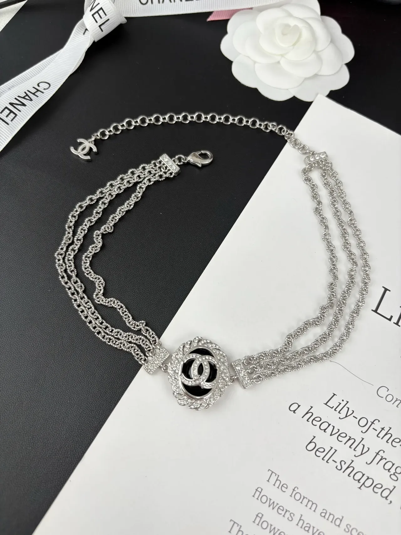Chanel Camellia Choker Silver-Tone White and Black Necklace 6
