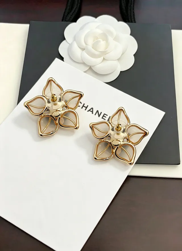 Chanel Camellia Flower Gold Black Floral Stud Metal Earrings 2