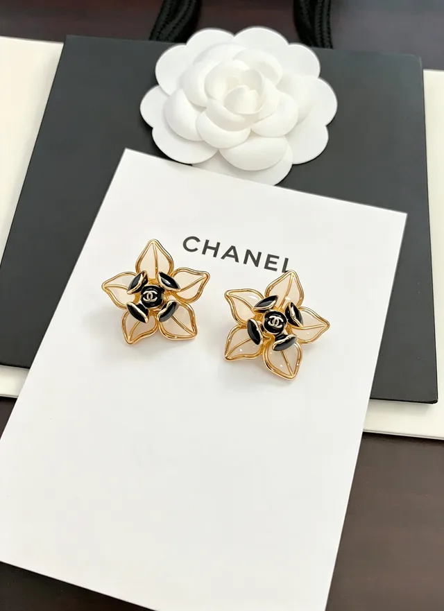 Chanel Camellia Flower Gold Black Floral Stud Metal Earrings 3