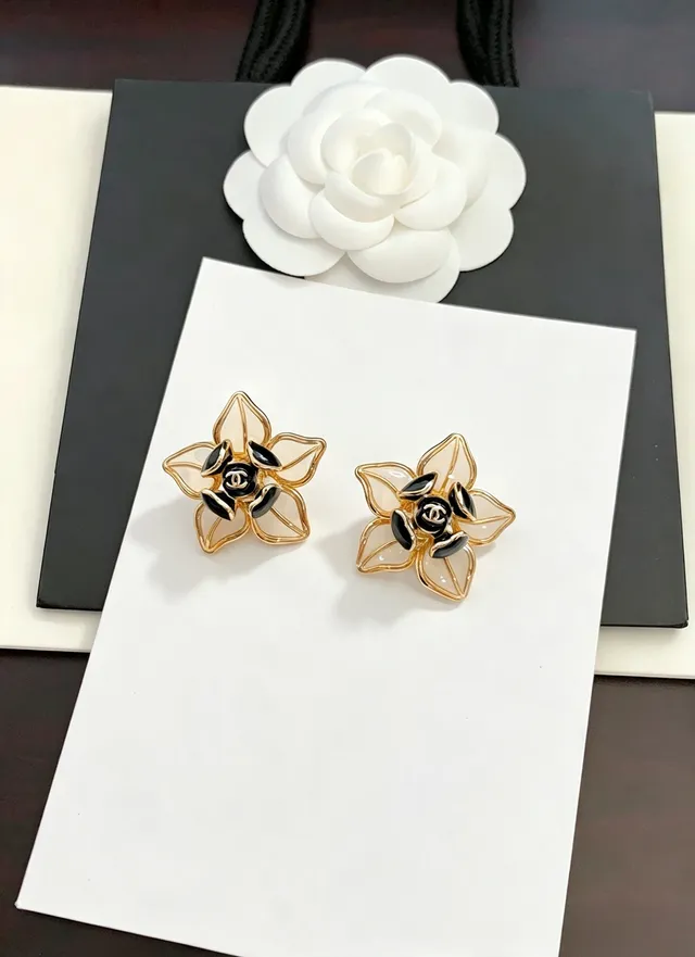 Chanel Camellia Flower Gold Black Floral Stud Metal Earrings 4