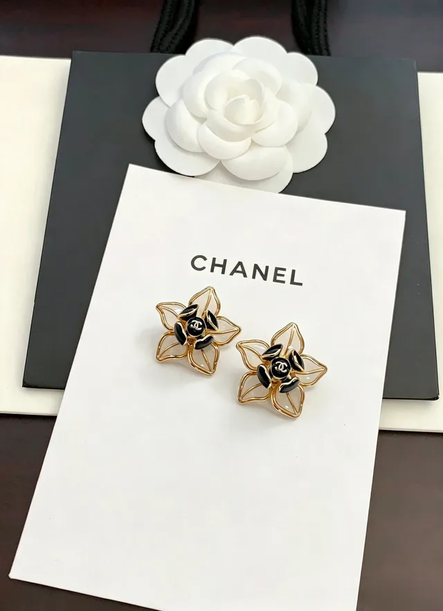 Chanel Camellia Flower Gold Black Floral Stud Metal Earrings 6