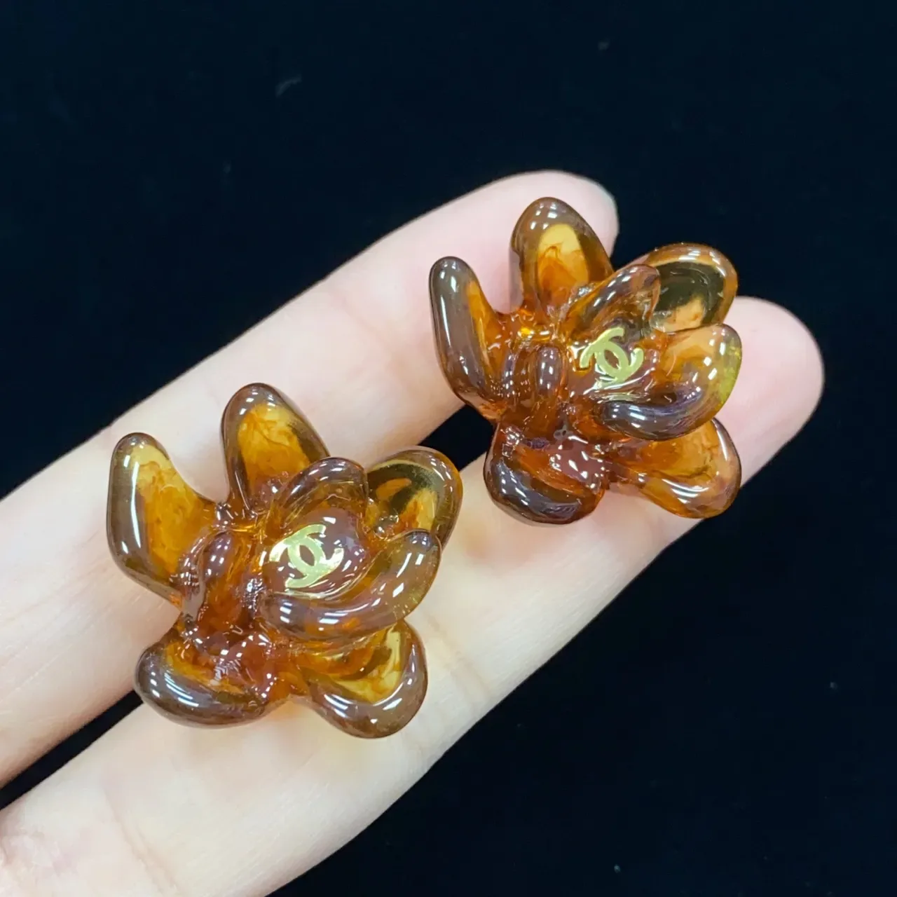 Chanel Camellia Flower Translucent Amber Earrings 2