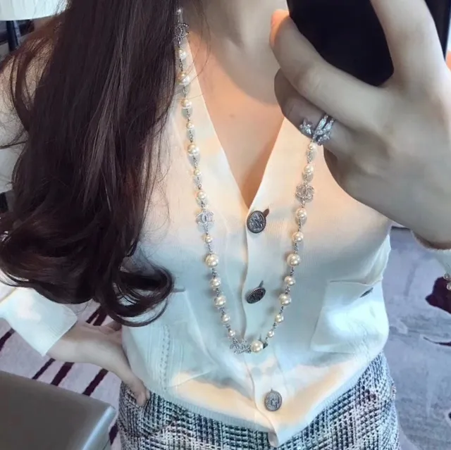 Chanel Camellia Pearl Necklace White Silver Double-Strand Choker CC Logo Charms Necklace 2