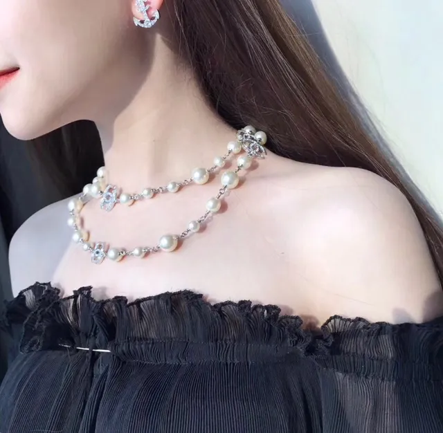 Chanel Camellia Pearl Necklace White Silver Double-Strand Choker CC Logo Charms Necklace 5