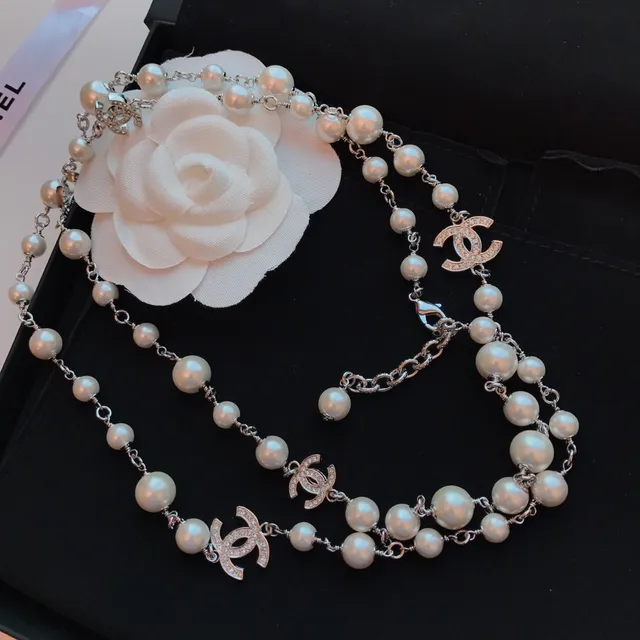 Chanel Camellia Pearl Necklace White Silver Double-Strand Choker CC Logo Charms Necklace 6