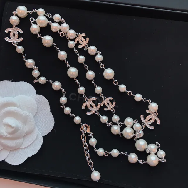 Chanel Camellia Pearl Necklace White Silver Double-Strand Choker CC Logo Charms Necklace 7