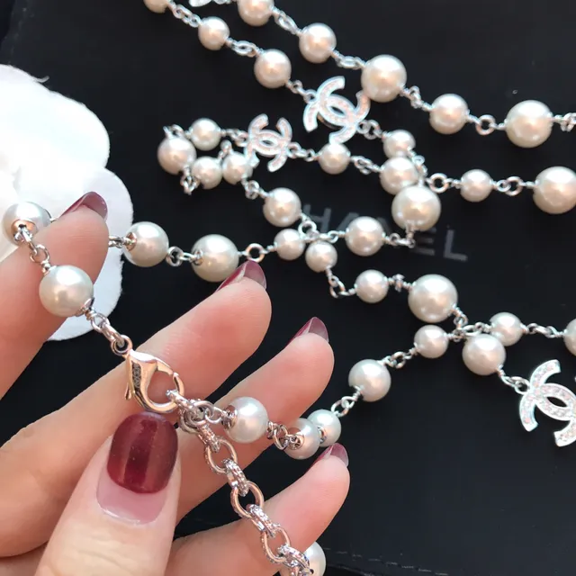 Chanel Camellia Pearl Necklace White Silver Double-Strand Choker CC Logo Charms Necklace 8