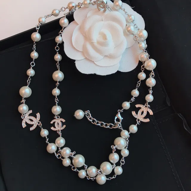 Chanel Camellia Pearl Necklace White Silver Double-Strand Choker CC Logo Charms Necklace 9