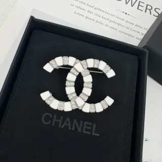 Chanel CC Brooch White Enamel and Crystal-Encrusted Links Brooch