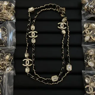 Chanel CC Crystal Long Chain-and-Leather Necklace