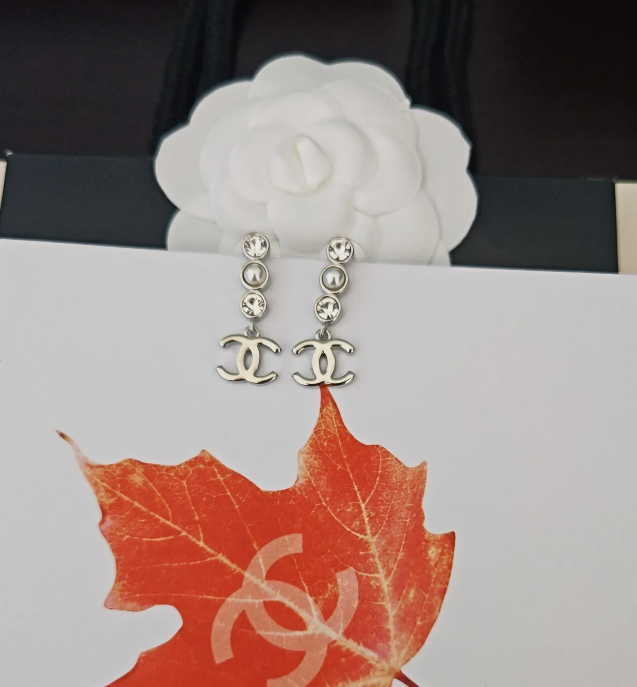 Chanel CC Drop Silver White Metal Pearl And Crystal Accents Earrings 3