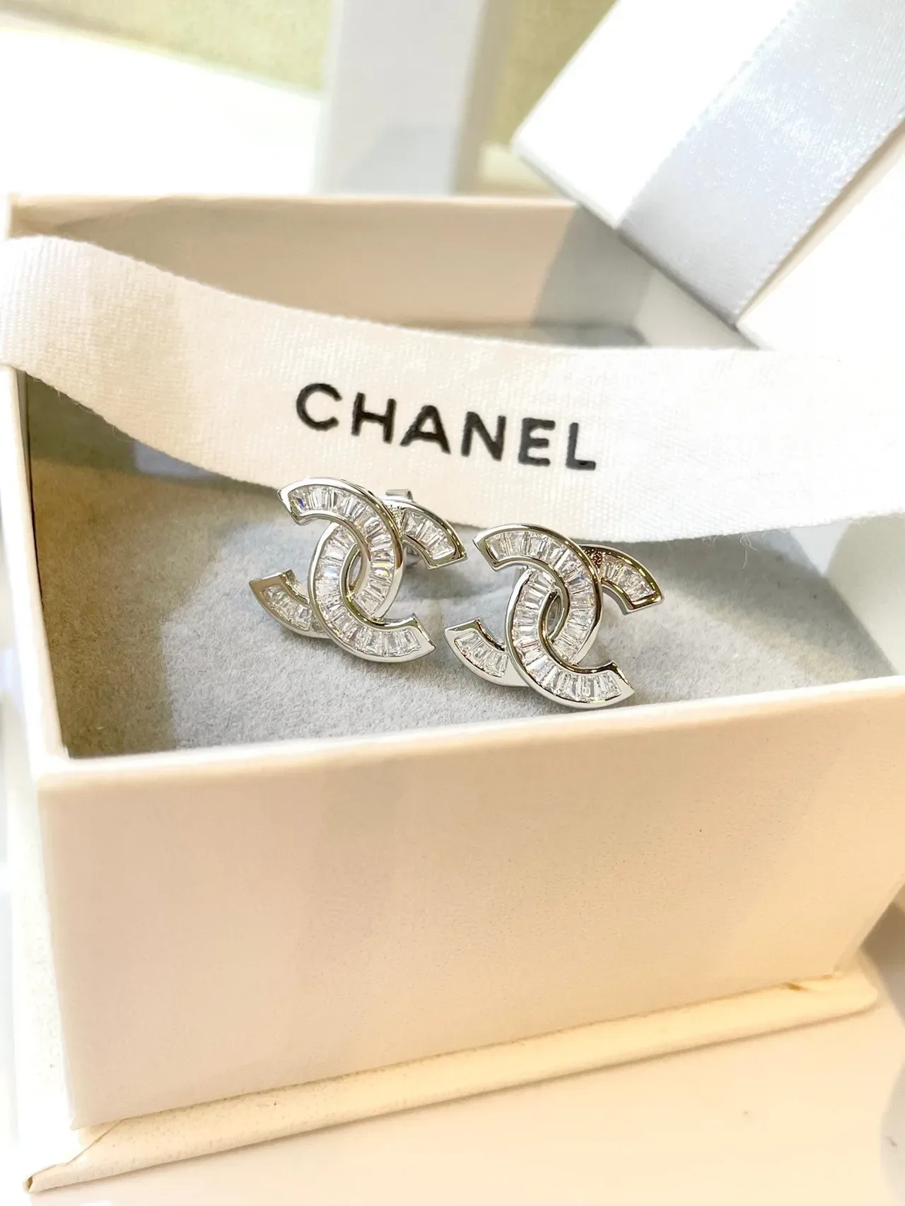 Chanel CC Logo Baguette Crystal Stud Earrings 4