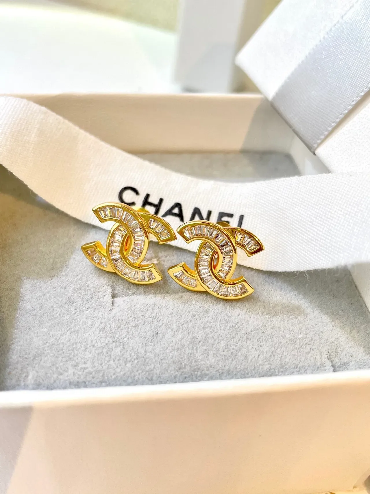 Chanel CC Logo Baguette Crystal Stud Earrings 5
