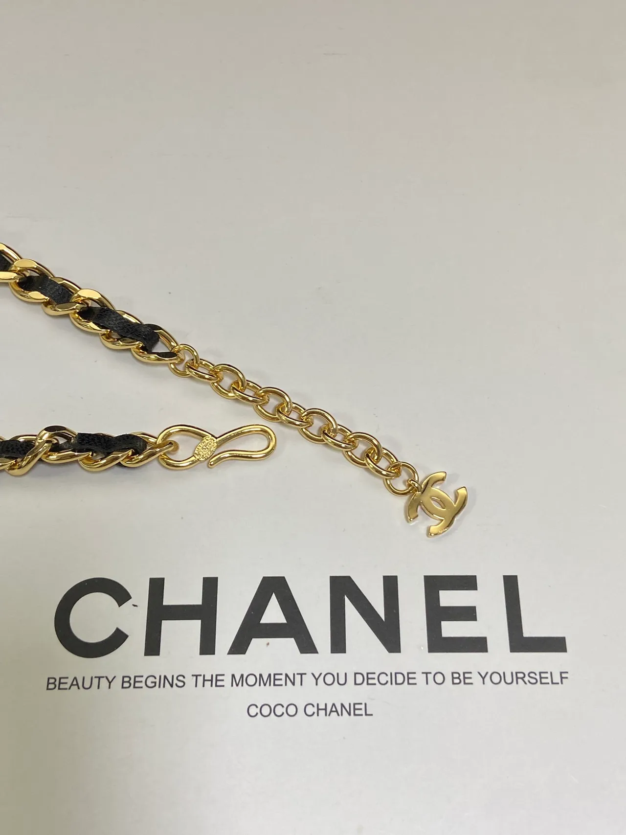 Chanel CC Logo Chain Gold Black Curb Leather Interspacing Necklace 2